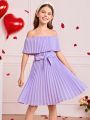SHEIN Kids CHARMNG Tween Girls' Solid Color Woven Off Shoulder Ruffle Dress With Removable Belt