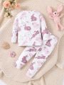 Baby Girls' Comfy Stretchy Bunny Pattern Thermal Underwear Set For Home