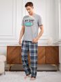 Men's Battery & Letter Printed Top And Plaid Pants Homewear Set