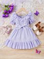SHEIN Little Girls' Woven Solid Color Sweetheart Collar Dress With Detachable Belt, Puff Sleeve And Ruffle Hem