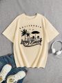 SHEIN Teen Girl's Loose Fit Short Sleeve T-Shirt With Palm Tree And Letter Print For Vacation And Casual Wear