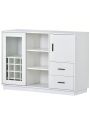 Kitchen Functional Sideboard with Glass Sliding Door and Integrated 16 Bar Wine Compartment, Wineglass Holders (White)