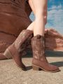 Styleloop Women's Outdoor Western-Style Embroidered Chunky Heel Boots In BeigeKnight Boots