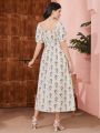 SHEIN Mulvari Women'S Floral Print Square Neck Short Puff Sleeve Dress