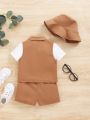 SHEIN Baby Boy Summer Outdoor Casual College Style Comfortable Loose Short Sleeve T-Shirt, Vest, Shorts And Hat 4pcs/Set