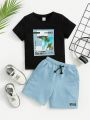 SHEIN Kids SUNSHNE Toddler Boys' Street Style Casual Letter Printed Short Sleeve T-Shirt And Shorts Set