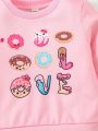 SHEIN Kids QTFun Little Girls' Cute Pink Donut Print Round Neck Sweatshirt, 3pcs/set For Autumn