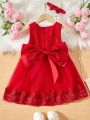 Baby Girls' Net Yarn Patchwork Dress With Bow Decoration For Formal Occasions