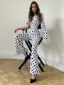 SHEIN Privé One Shoulder Polka Dot Print Puff Sleeve Flared Leg Jumpsuit For Women