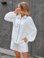 SHEIN Essnce Solid Color Lantern Sleeve Shirt And Shorts Set