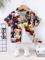 SHEIN Kids EVRYDAY Toddler Boys' Lovely Outdoor Bear Printed Turn-Down Collar Shirt For Summer