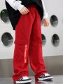 SHEIN Tween Boy Loose Fit Hiphop Wide Leg Pants With Letter Detail And Weave Tape Decoration