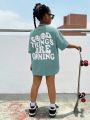 SHEIN Kids Cooltwn Tween Girls' Knitted Letter Print Loose Round Neck Short Sleeve T-Shirt For Sports And Casual Wear