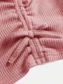 Teenage Girls' Knitted Solid Color Waffle-grid Round Neck Puff Sleeve T-shirt
