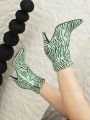 Fashionable Women's Sexy Style Green Color Zebra Print Ankle Boots With Pointed Toe & Stiletto Heels, Autumn & Winter Season