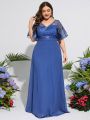 Plus Embroidery Mesh Butterfly Sleeve Bridesmaid Dress