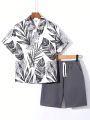 SHEIN Kids SUNSHNE Tween Boys' Leisurely Vacational Style Two Piece Short-Sleeve Woven Shirt And Solid Color Shorts Set With Printed Leaf & Plant Pattern