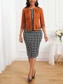 SHEIN Lady Women's Belted Jacket With Front Open And Sleeveless Houndstooth Pattern Dress Set