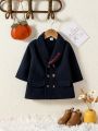 Vintage College Street Style Baby Boys' Woolen Coat With Embroidery Detail, Long-length, Turn-down Collar, Lapel, Autumn Winter Outfits