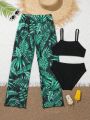 Tween Girls' Bikini Swimsuit With Plant Printed Cover Up Pants Swimsuit Set