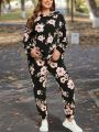 SHEIN LUNE Women's Plus Size Hooded Floral Print Sweatshirt And Pants Two Piece Set