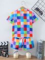 Young Boys' Leisure Holiday Style Linen Imitation Multicolor Plaid Two-Piece Set