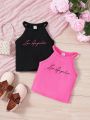 SHEIN Kids QTFun Young Girl'S 2pcs/Set Fashionable Halter Neck Top With Letter Pattern