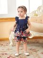 Baby Girls' Deep Blue Elegant Romantic Floral Print Cute Daily Casual Top For Spring And Summer