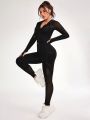 Daily&Casual Women's Zipper Front Hooded Mesh Splice Long Sleeve Top And Leggings Sports Suit