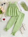 SHEIN Kids SUNSHNE Young Girl Casual Holiday Style 2pcs/Set Peplum Flower Decorated Tank Top And Pants