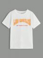 SHEIN Kids EVRYDAY Boys' Fashionable Casual T-Shirt With Letter Print And Color Block Design, Round Neck