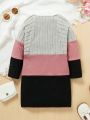 SHEIN Kids HYPEME Little Girls' Color Block Fake Button Bowknot Decorated Dress