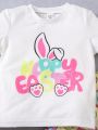SHEIN Kids QTFun Young Girl Easter Cute Rabbit & Letter Printed Top And Colorful Egg Printed Flared Pants Set, Summer Outfits