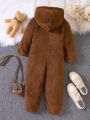 Young Girl Fall-winter Brown Plush Hooded With Cute Applique Bear Patch Jumpsuit, Keep Warm