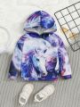 SHEIN Baby Girls' Casual Blue Unicorn Pattern Hooded Long Sleeve Sweatshirt