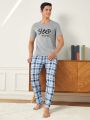 Men'S Letter Printed Top & Plaid Pants Home Wear Set