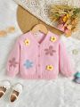 SHEIN Baby Girls' Adorable Long Sleeve V-Neck Cardigan With Little Flower Detail