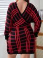 SHEIN Privé Plus Plaid Pattern Surplice Neck Batwing Sleeve Sweater Dress