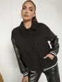 Luxe Striped Trim Drop Shoulder PU Leather Sleeve Jacket
