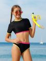 Teen Girls' Short Sleeve Rash Guard Swimsuit Set With Contrast Piping