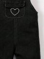 Baby Girl Heart Embroidery Flap Pocket Denim Overalls