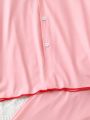 Teen Girls' Pink Simple Short Sleeve Button Up Shirt And Long Pants Pajama Set, 2pcs