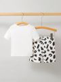 SHEIN Baby Boy Fun Cartoon Letter Design Round Neck Short Sleeve Top & Leopard Print Shorts Tight-Fitting Homewear 2pcs/Set
