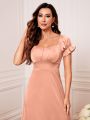 Ruched Bust Puff Sleeve Satin Bridesmaid Dress