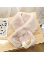 1pc Cute Style Bear Shaped Scarf, Thickened Warm Faux Rabbit Hair, Fluffy Cross Neck Wrap, Apricot