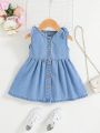 SHEIN Baby Girls' Denim Button Front Dress With Shoulder Knot