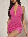 SHEIN BAE Ladies' Valentine'S Day Date V-Neck Overlap, Mesh And Pleated Backless Dress With Halter Tie In Rose Red