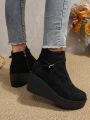 Women's Black Buckle Decorated Wedge Heel Boots, Faux Suede Front Lace-up Fashion Boots