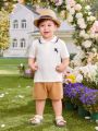 2pcs/Set Baby Boys' Striped Short Sleeve White Polo Shirt And Shorts Gentleman Casual Outfit For Spring/Summer