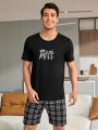 Men'S Letter Printed Short Sleeve T-Shirt And Plaid Shorts Homewear Set